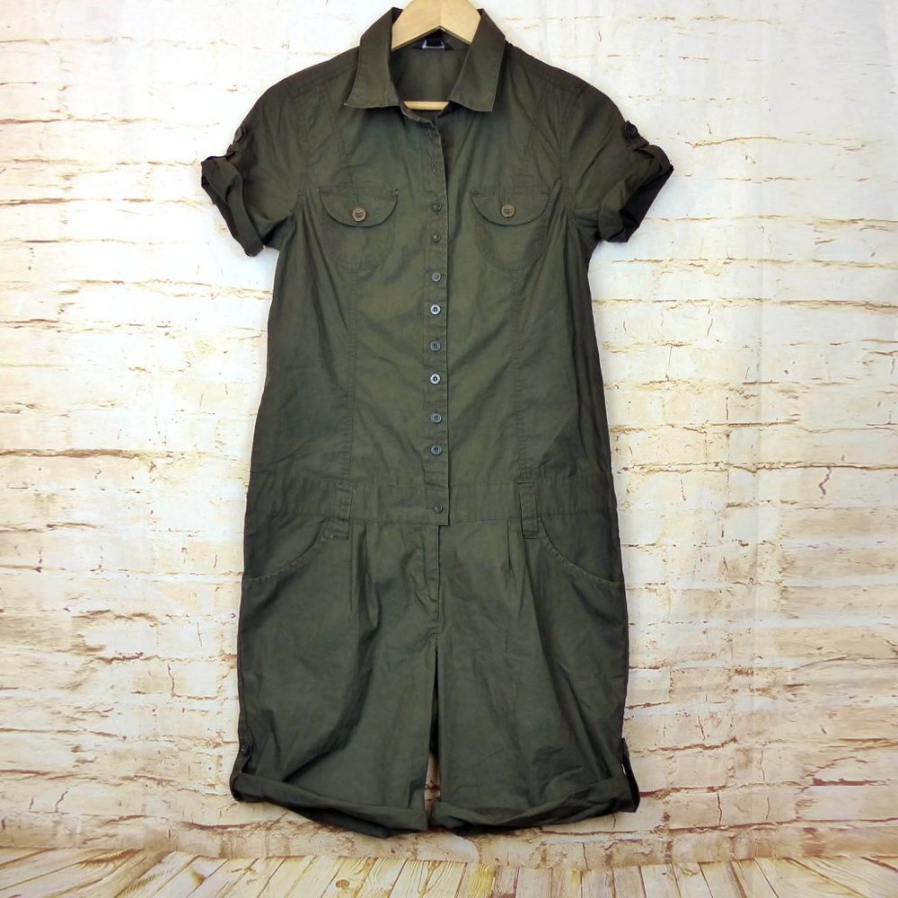 Mango MNG Womens M Utility Short Sleeve Button Romper Cotton Olive Green FLAW